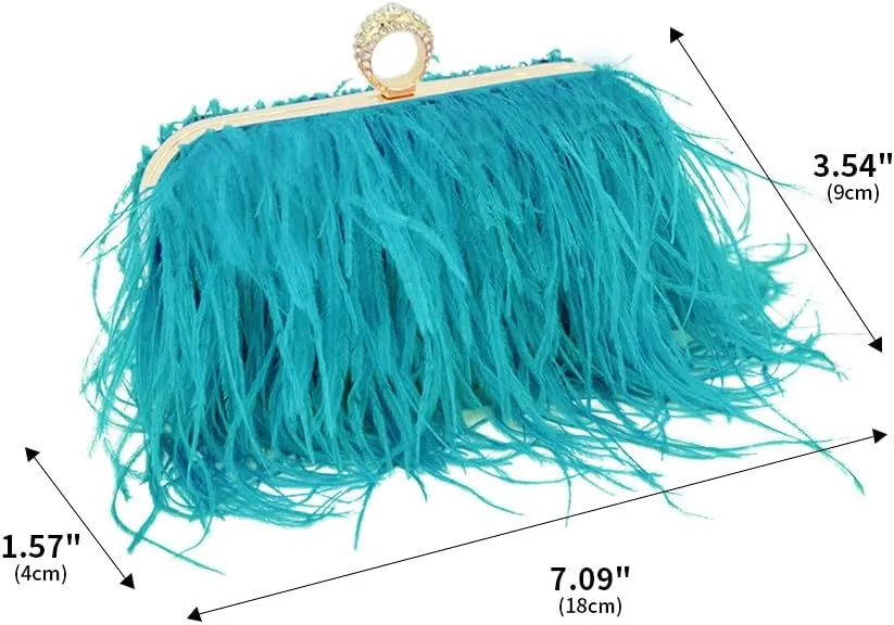 Women Ostrich Feather Purse Ostrich Tote Bag Fluffy Feather Purse Fringe Clutch Evening Handbag for Party Prom Peacock Blue