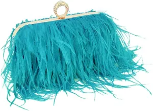 Women Ostrich Feather Purse Ostrich Tote Bag Fluffy Feather Purse Fringe Clutch Evening Handbag for Party Prom Peacock Blue