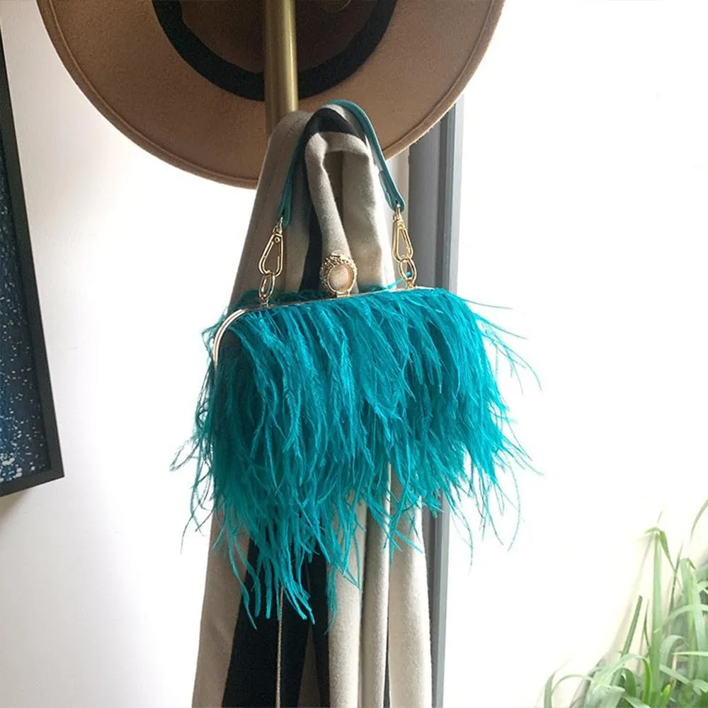 Women Ostrich Feather Purse Ostrich Tote Bag Fluffy Feather Purse Fringe Clutch Evening Handbag for Party Prom Peacock Blue