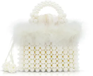 Women Pearl Purse,Evening Bags, Artificial Pearl Clutch, Square Feather Handbags, White Purse for Party Wedding Travel