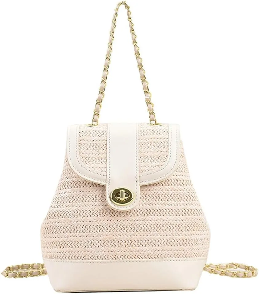 Women PU Straw Chain Small Straw Woven Backpack Daypack Cross-body Shoulder Bag Satchel Purse 2025