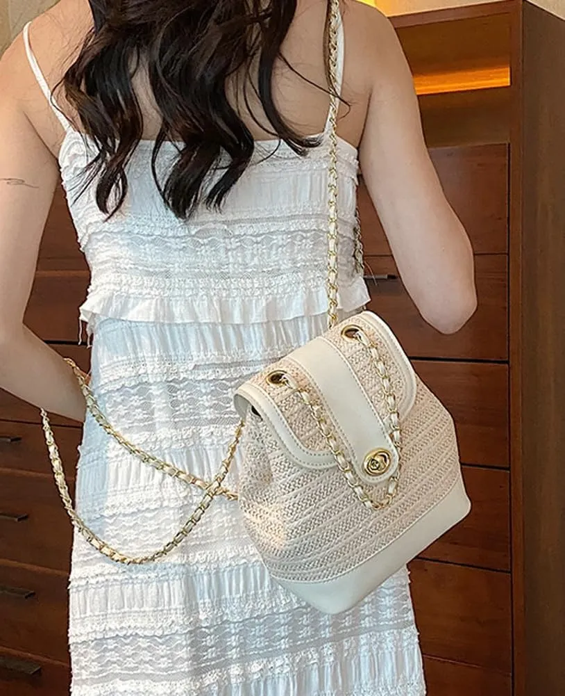 Women PU Straw Chain Small Straw Woven Backpack Daypack Cross-body Shoulder Bag Satchel Purse 2025