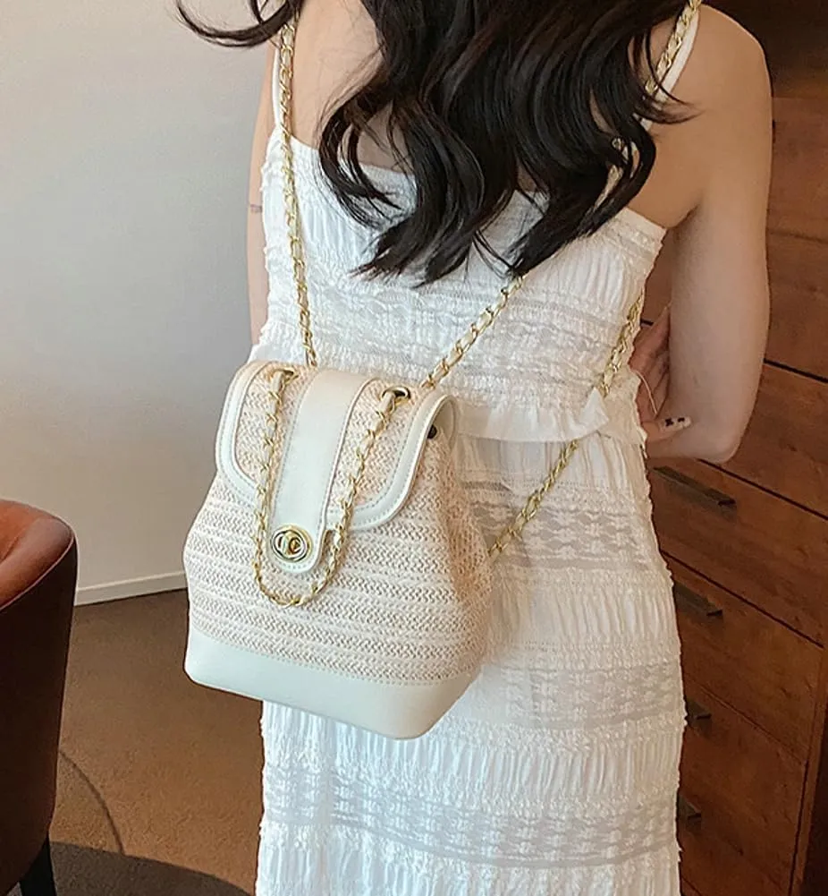 Women PU Straw Chain Small Straw Woven Backpack Daypack Cross-body Shoulder Bag Satchel Purse 2025