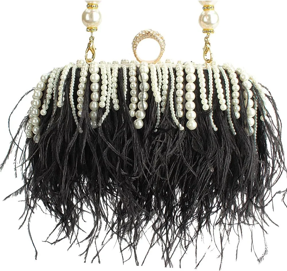 Women Real Natural Ostrich Feather Evening Bags Purses Clutch Vintage Banquet Handbag