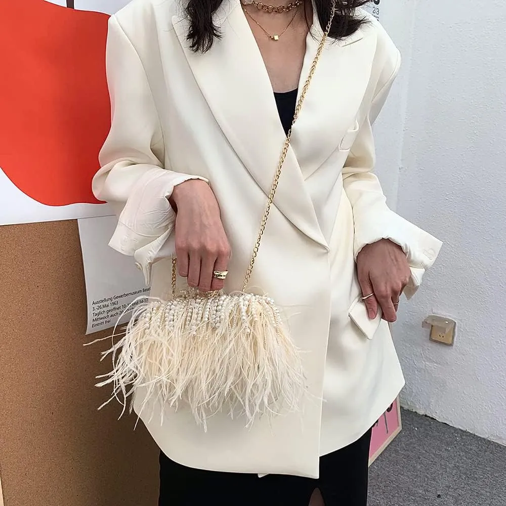 Women Real Natural Ostrich Feather Evening Bags Purses Clutch Vintage Banquet Handbag
