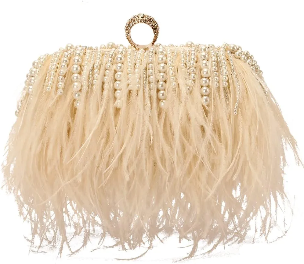 Women Real Natural Ostrich Feather Evening Bags Purses Clutch Vintage Banquet Handbag