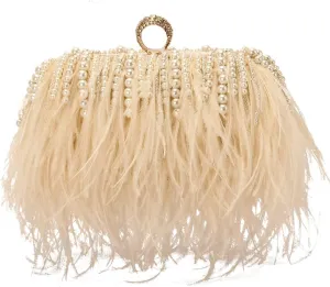 Women Real Natural Ostrich Feather Evening Bags Purses Clutch Vintage Banquet Handbag