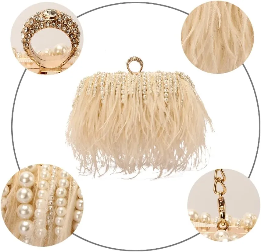 Women Real Natural Ostrich Feather Evening Bags Purses Clutch Vintage Banquet Handbag