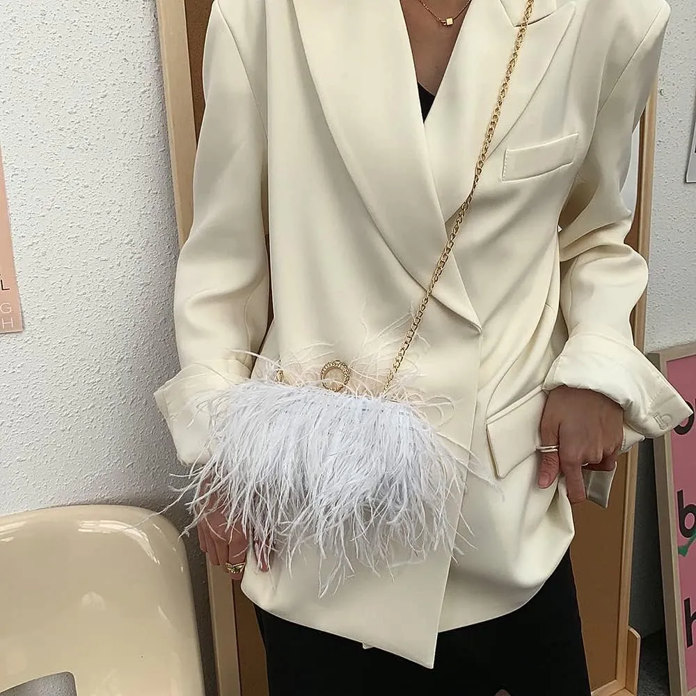 Women Real Natural Ostrich Feather Evening Bags Purses Clutch Vintage Banquet Handbag