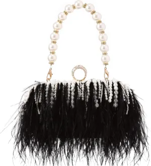 Women Real Natural Ostrich Feather Evening Bags Purses Clutch Vintage Banquet Handbag