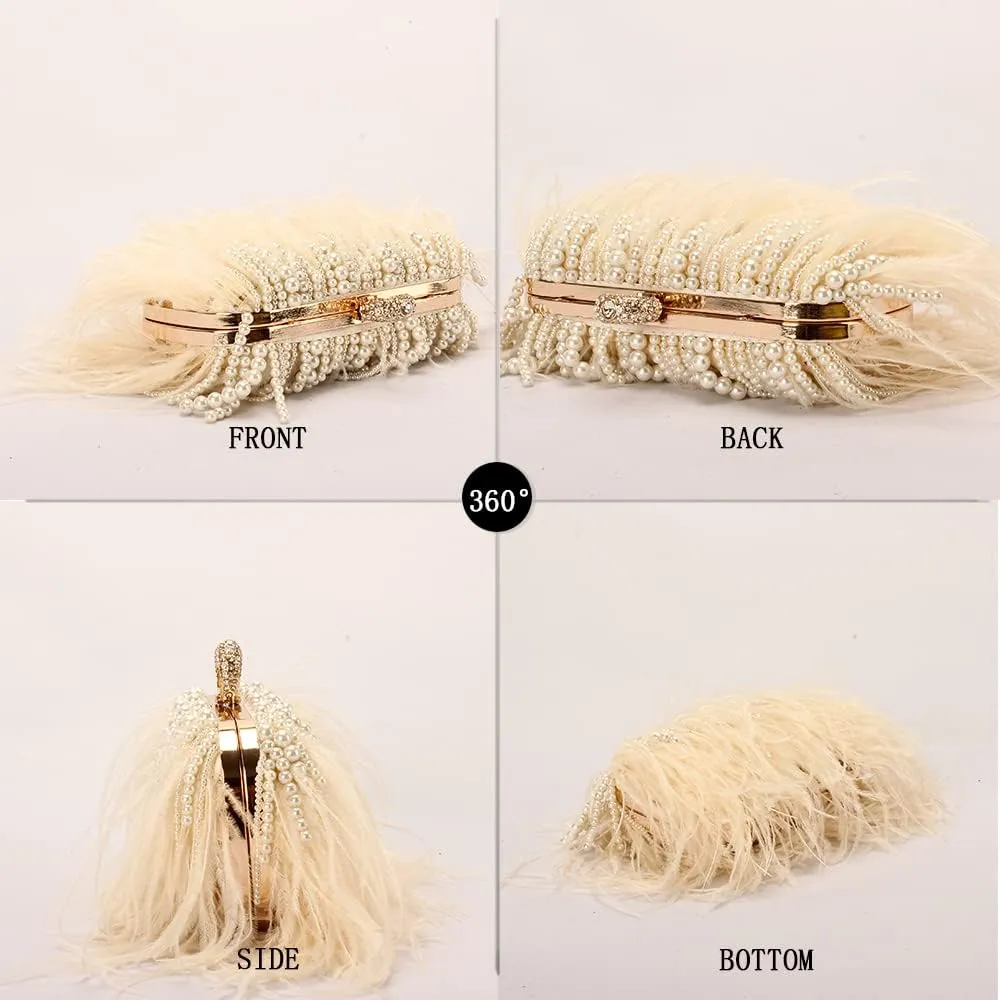 Women Real Natural Ostrich Feather Evening Bags Purses Clutch Vintage Banquet Handbag