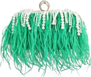 Women Real Natural Ostrich Feather Evening Bags Purses Clutch Vintage Banquet Handbag