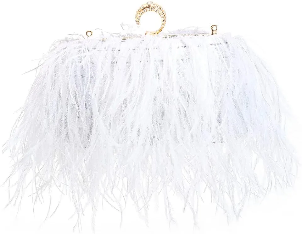 Women Real Natural Ostrich Feather Evening Bags Purses Clutch Vintage Banquet Handbag
