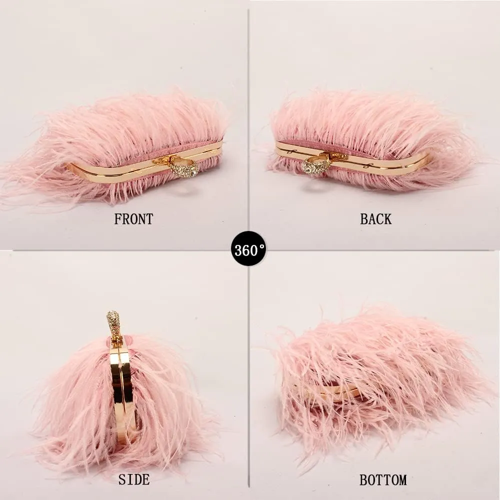 Women Real Natural Ostrich Feather Evening Bags Purses Clutch Vintage Banquet Handbag