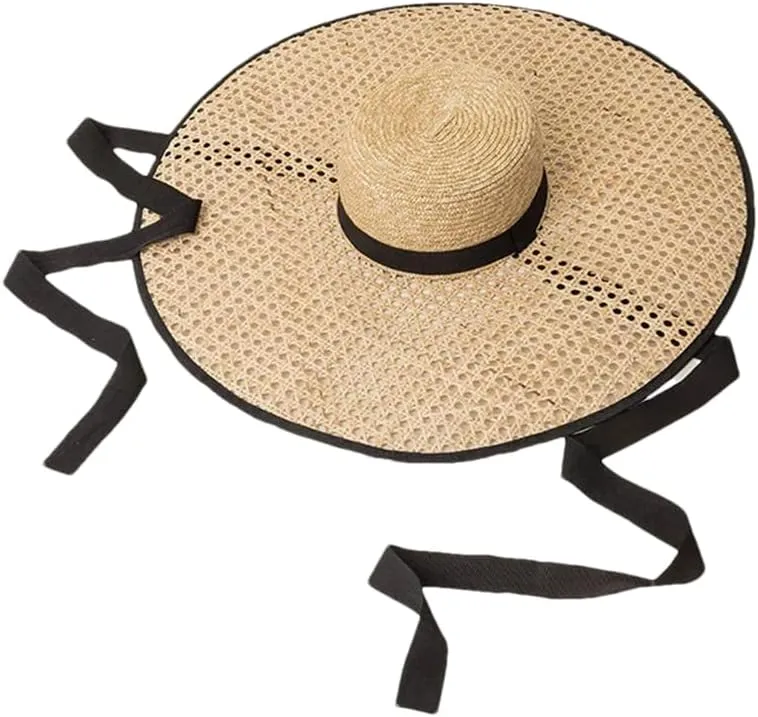 Women Retro Handmade Beach Cap Hollow Wide Brim Straw Hats for Women Men Flat Top Boater Hat