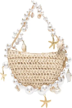 Women Straw Beach Bag with Shells and Pearls,Handmade Half Moon Design Purse, Small Tote Bag for Beach Party