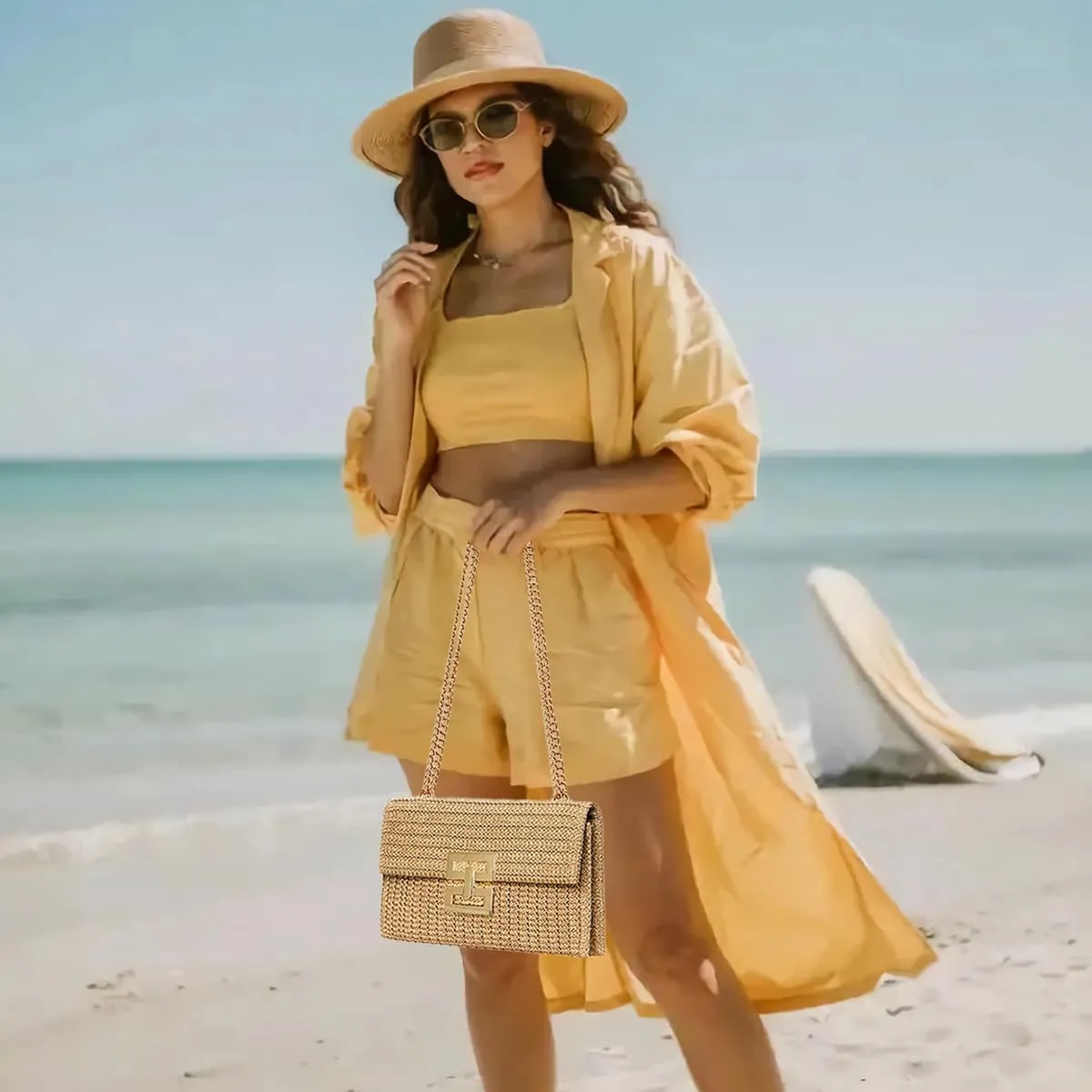 Women Straw Beach Clutch Purse Handbag Summer Elegant Vacation Style Shoulder Bag Crossbody Bag