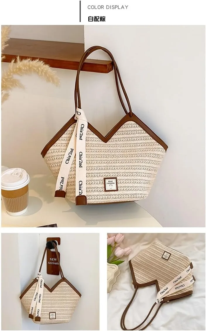 Women Straw Shoulder Bag Beach Tote Bag Handmade Woven Shoulder Bag Large Beach Handbag