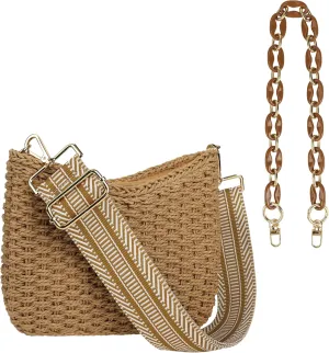 Women Straw Small Crossbody Bag Handmade Woven Shoulder Handbag Summer Beach Purse with Guitar Strap