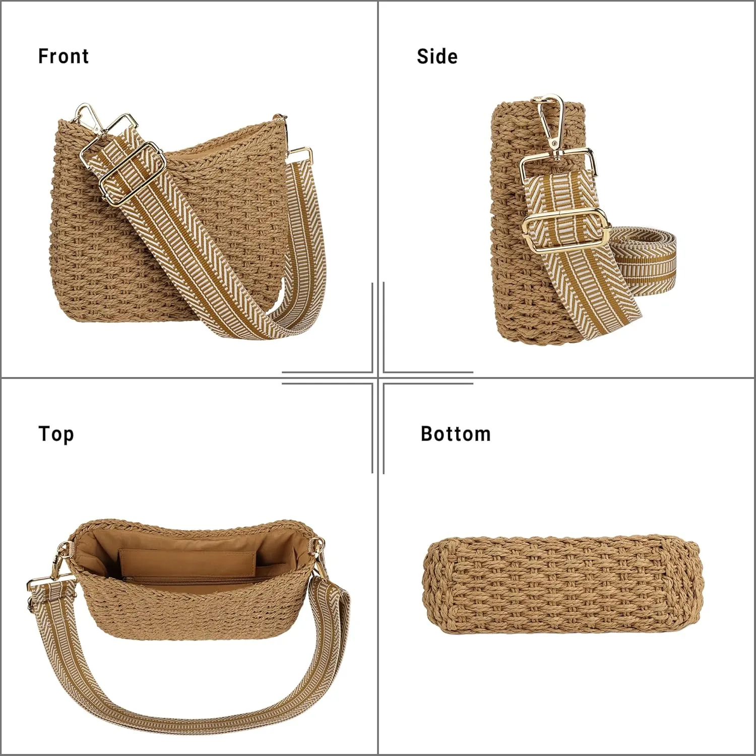 Women Straw Small Crossbody Bag Handmade Woven Shoulder Handbag Summer Beach Purse with Guitar Strap