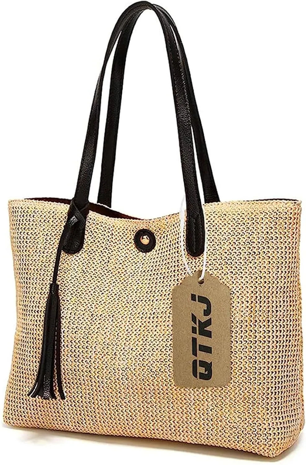 Women Straw Summer Beach Bag Handwoven Big Tote Leather Shoulder Handbag with Tassel Decorate