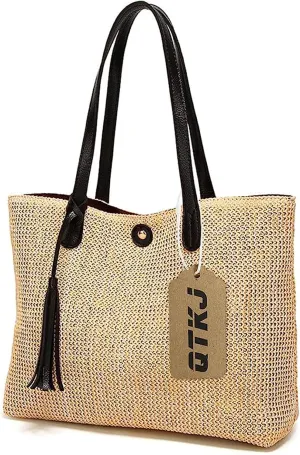 Women Straw Summer Beach Bag Handwoven Big Tote Leather Shoulder Handbag with Tassel Decorate