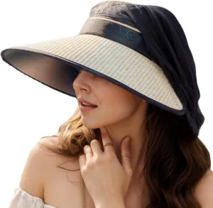 Women Straw Sun Visor Hat Wide Brim Ponytail Beach Hat Foldable with UPF 80  UV Protection Travel