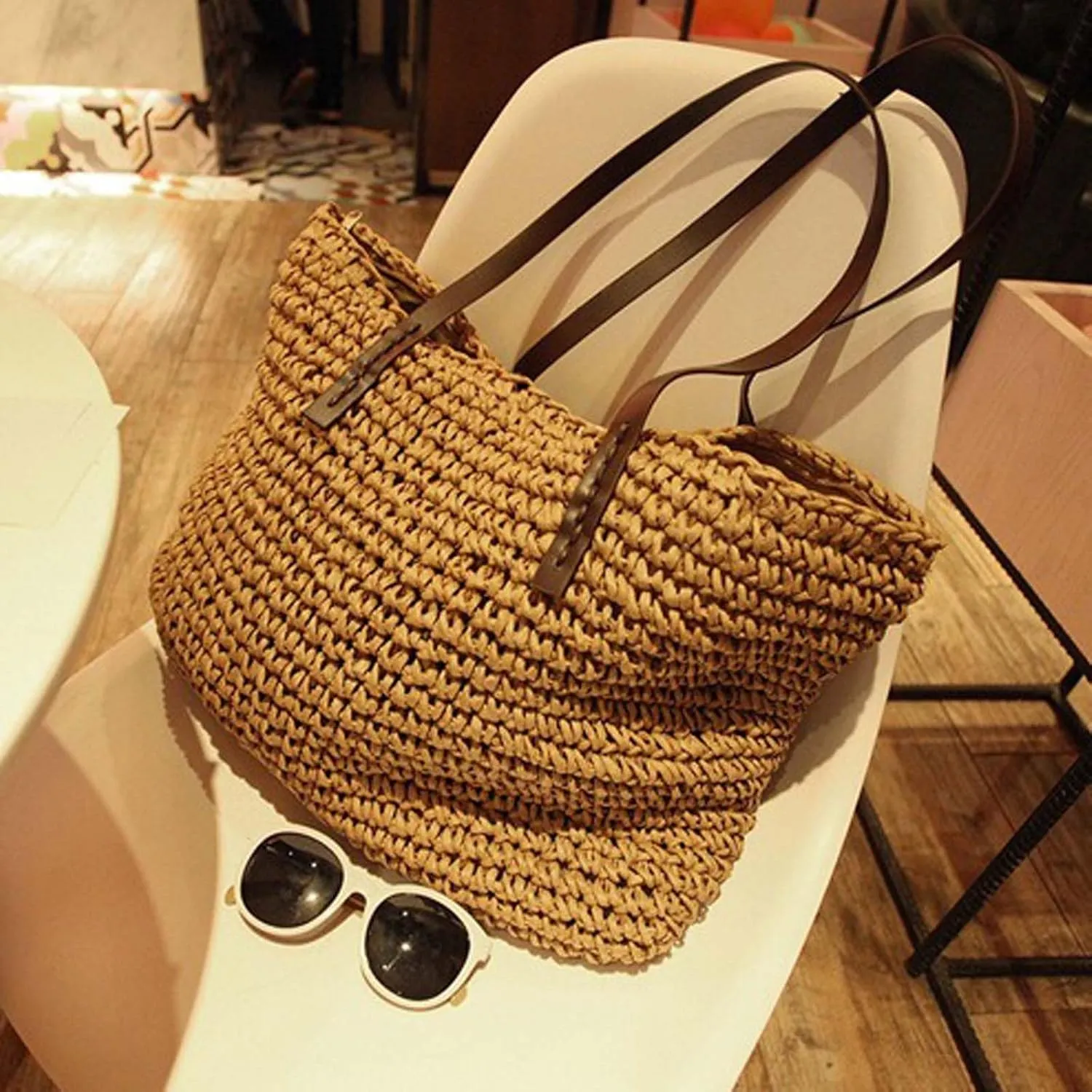 Women Straw Woven Tote Large Beach Handmade Weaving Shoulder Bag Purse Straw Handbag