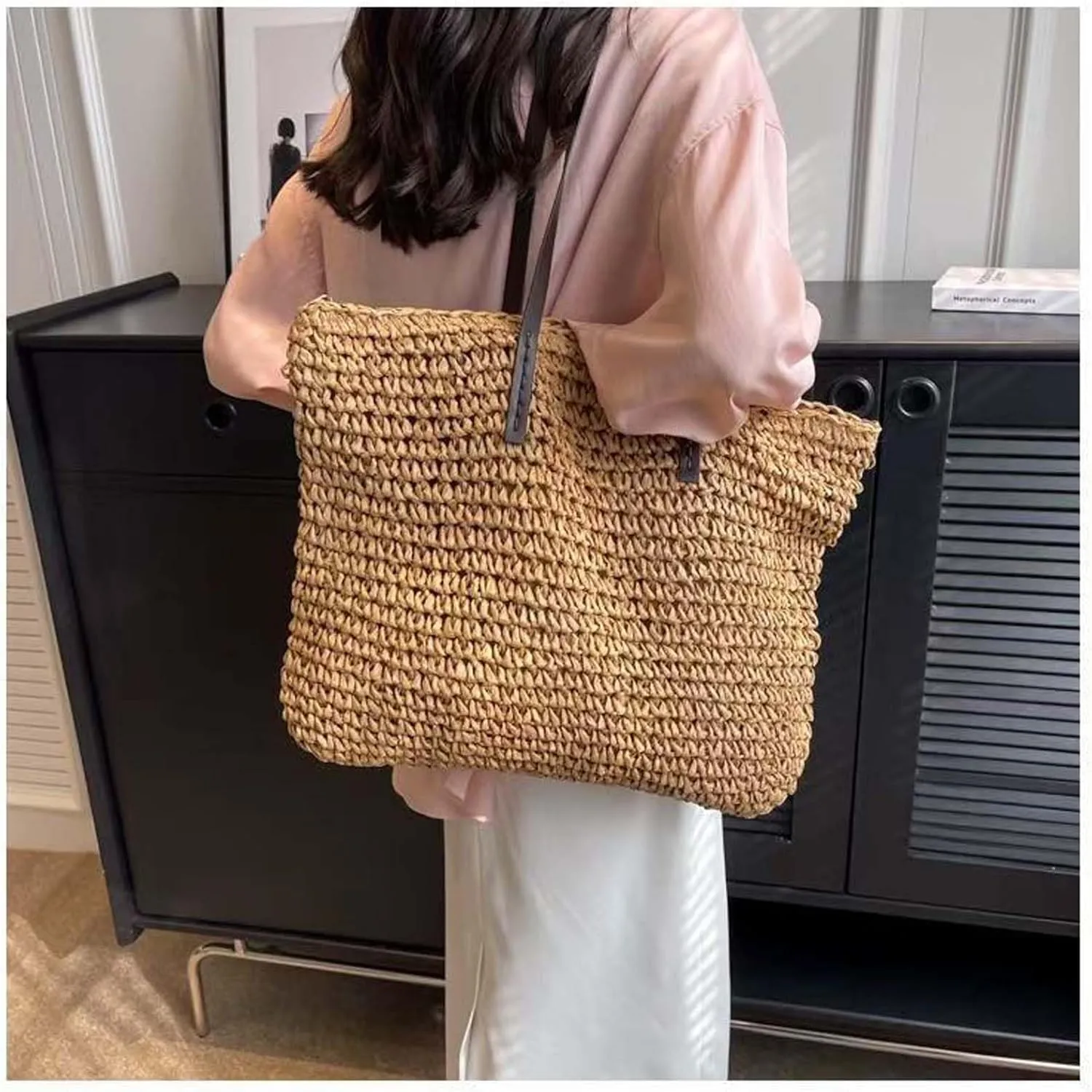 Women Straw Woven Tote Large Beach Handmade Weaving Shoulder Bag Purse Straw Handbag