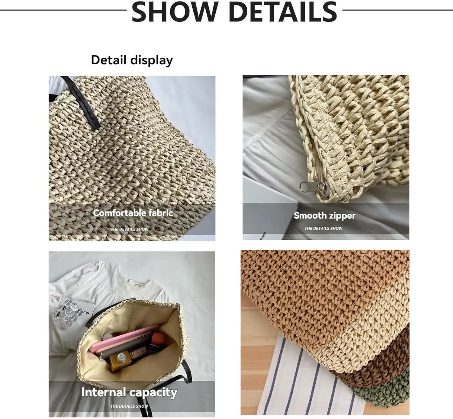 Women Straw Woven Tote Large Beach Handmade Weaving Shoulder Bag Purse Straw Handbag