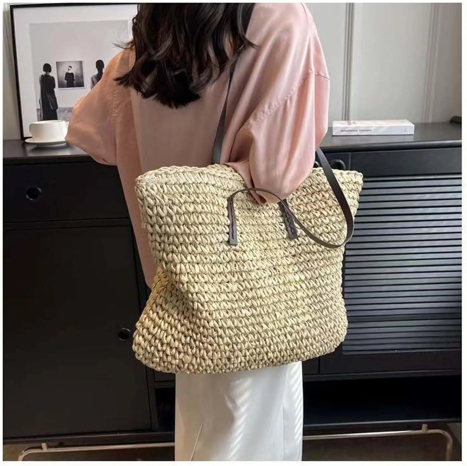 Women Straw Woven Tote Large Beach Handmade Weaving Shoulder Bag Purse Straw Handbag