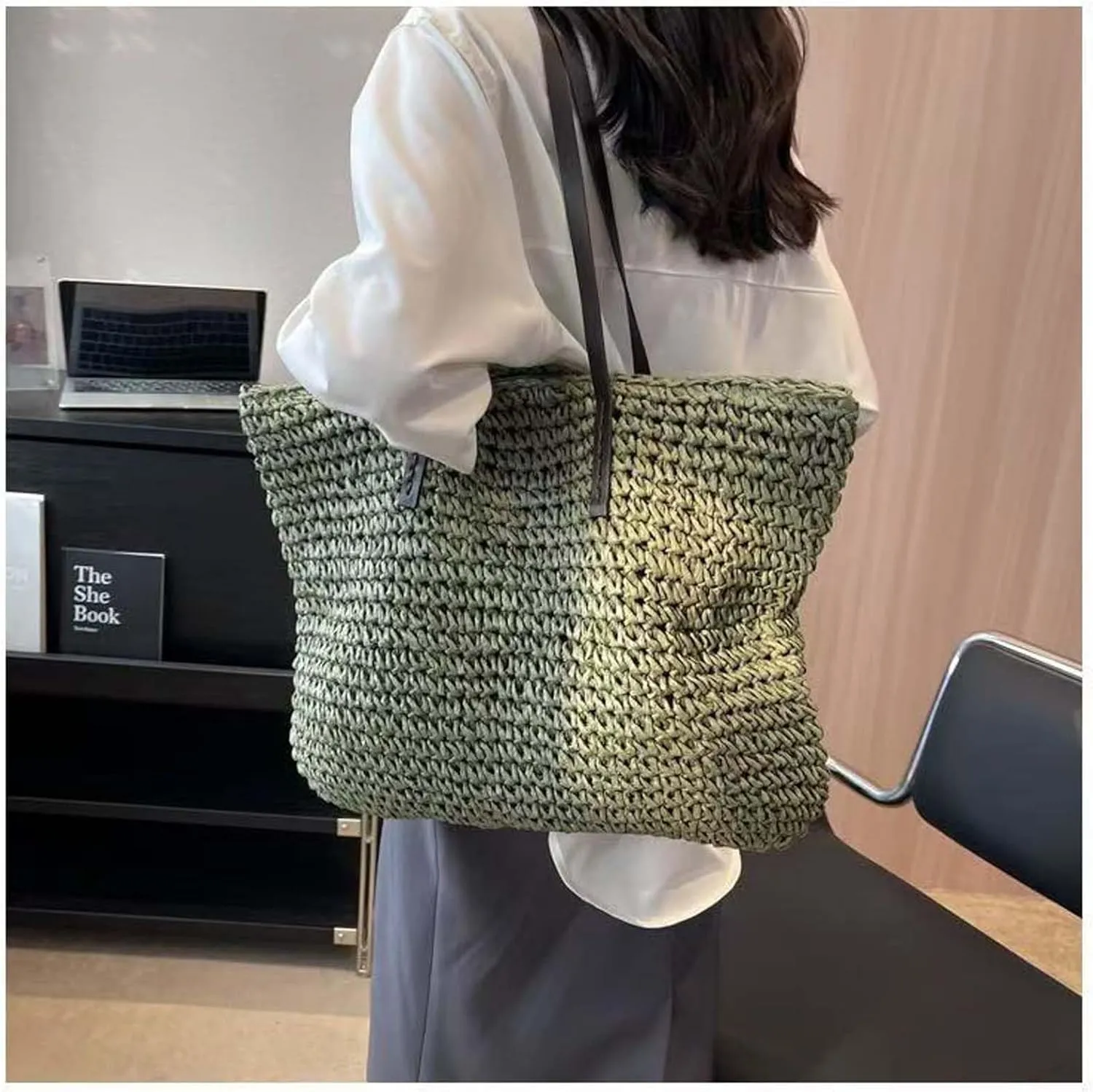Women Straw Woven Tote Large Beach Handmade Weaving Shoulder Bag Purse Straw Handbag
