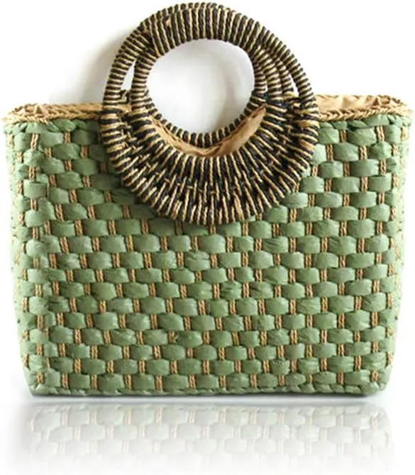 Women Summer Retro Straw Bag with Zip Hand-woven Beach Handbag Top Round Handle Boho Tote Bag Shopping and Travel Large Bag (Green)