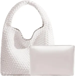 Women Vegan Leather Hand-Woven Tote Handbag Fashion Shoulder Top-handle Bag All-Match Underarm Bag with Purse