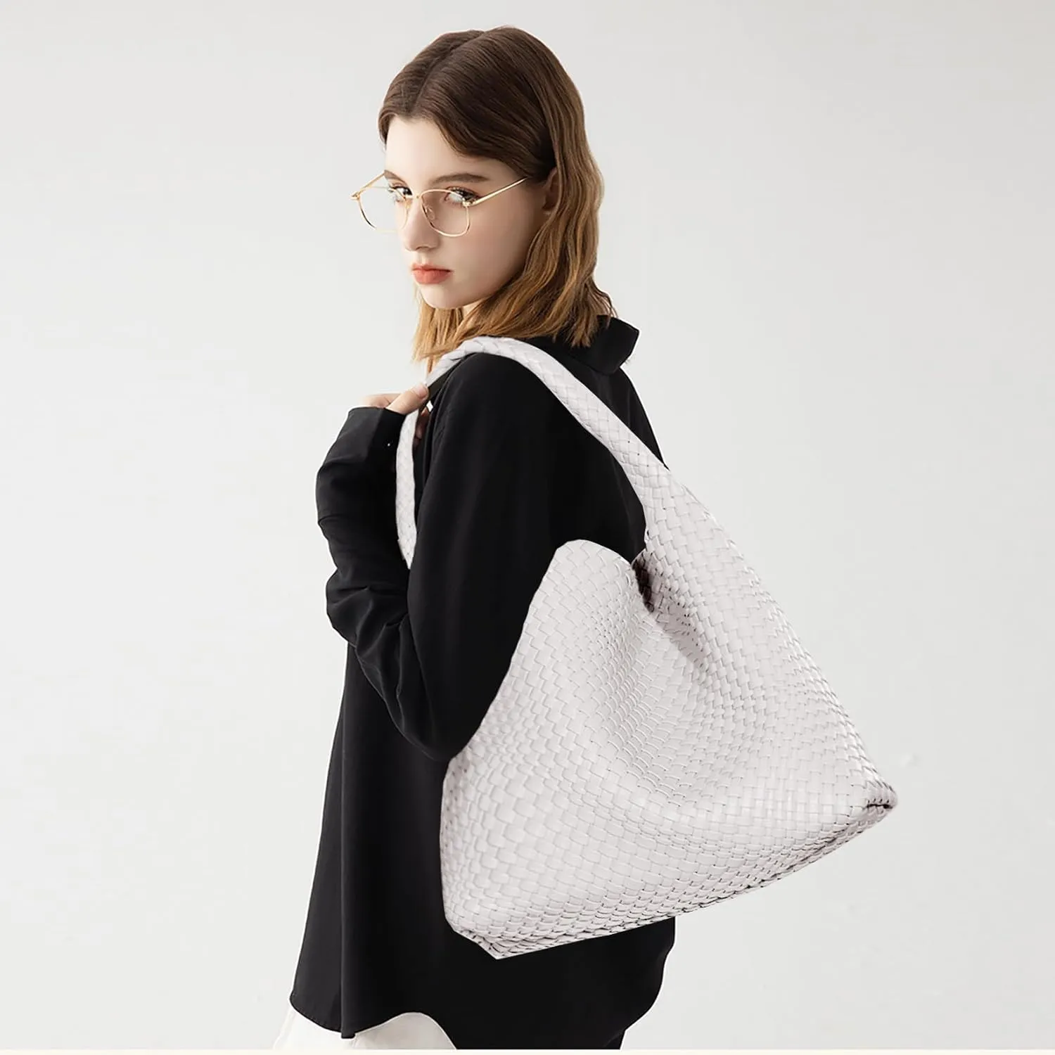 Women Vegan Leather Hand-Woven Tote Handbag Fashion Shoulder Top-handle Bag All-Match Underarm Bag with Purse