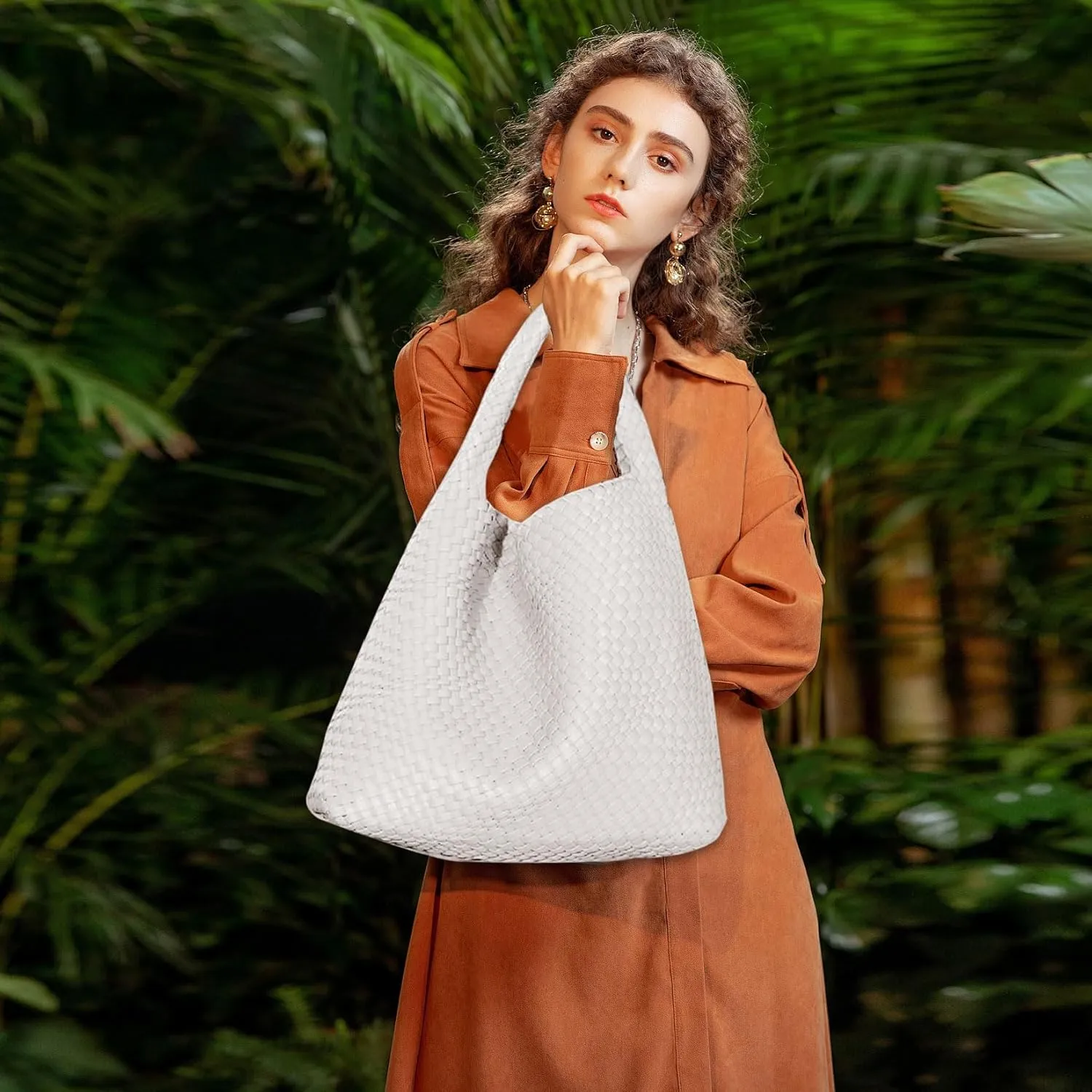Women Vegan Leather Hand-Woven Tote Handbag Fashion Shoulder Top-handle Bag All-Match Underarm Bag with Purse