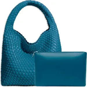 Women Vegan Leather Hand-Woven Tote Handbag Fashion Shoulder Top-handle Bag All-Match Underarm Bag with Purse