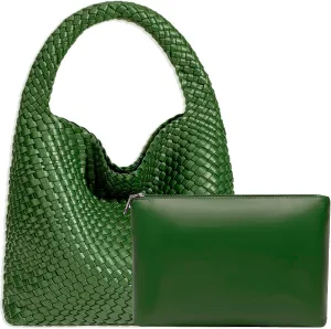 Women Vegan Leather Hand-Woven Tote Handbag Fashion Shoulder Top-handle Bag All-Match Underarm Bag with Purse