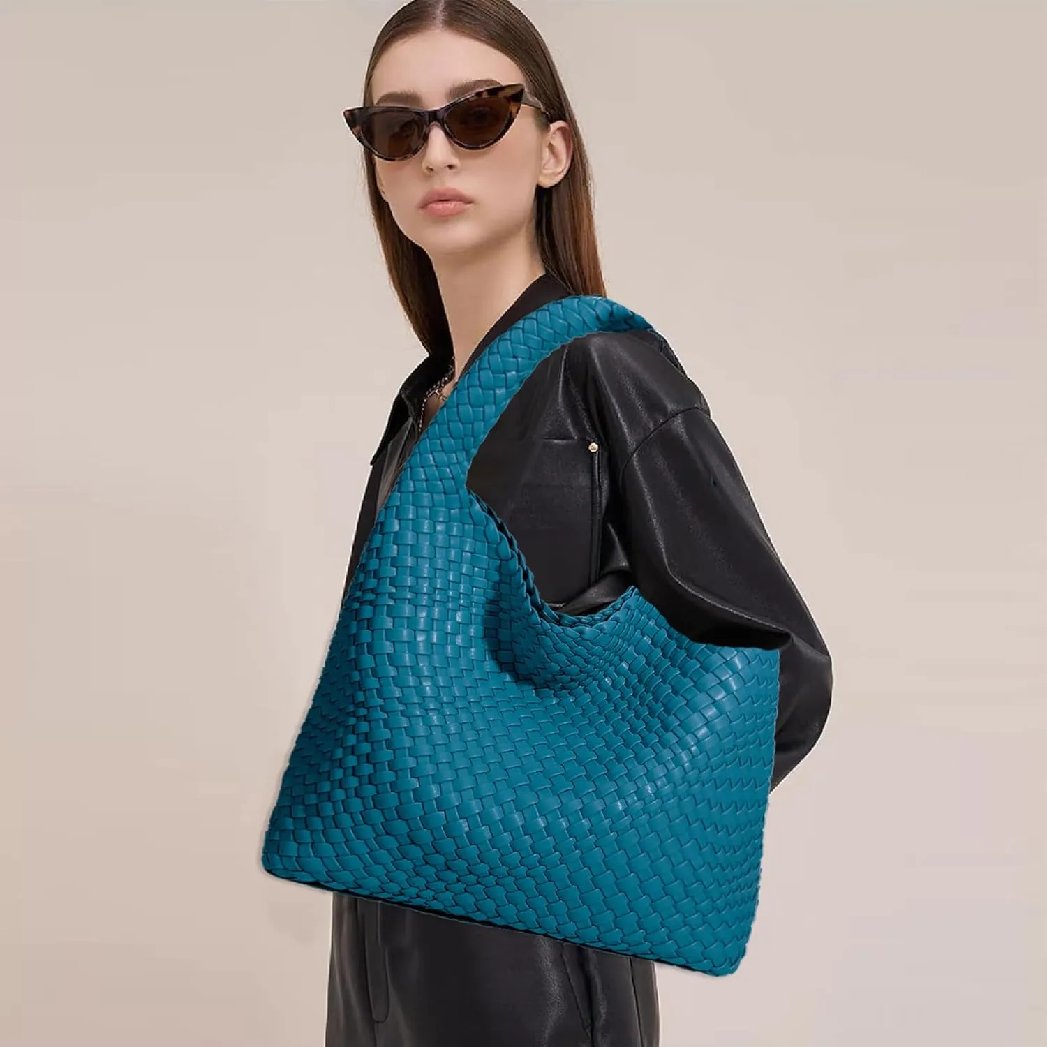 Women Vegan Leather Hand-Woven Tote Handbag Fashion Shoulder Top-handle Bag All-Match Underarm Bag with Purse