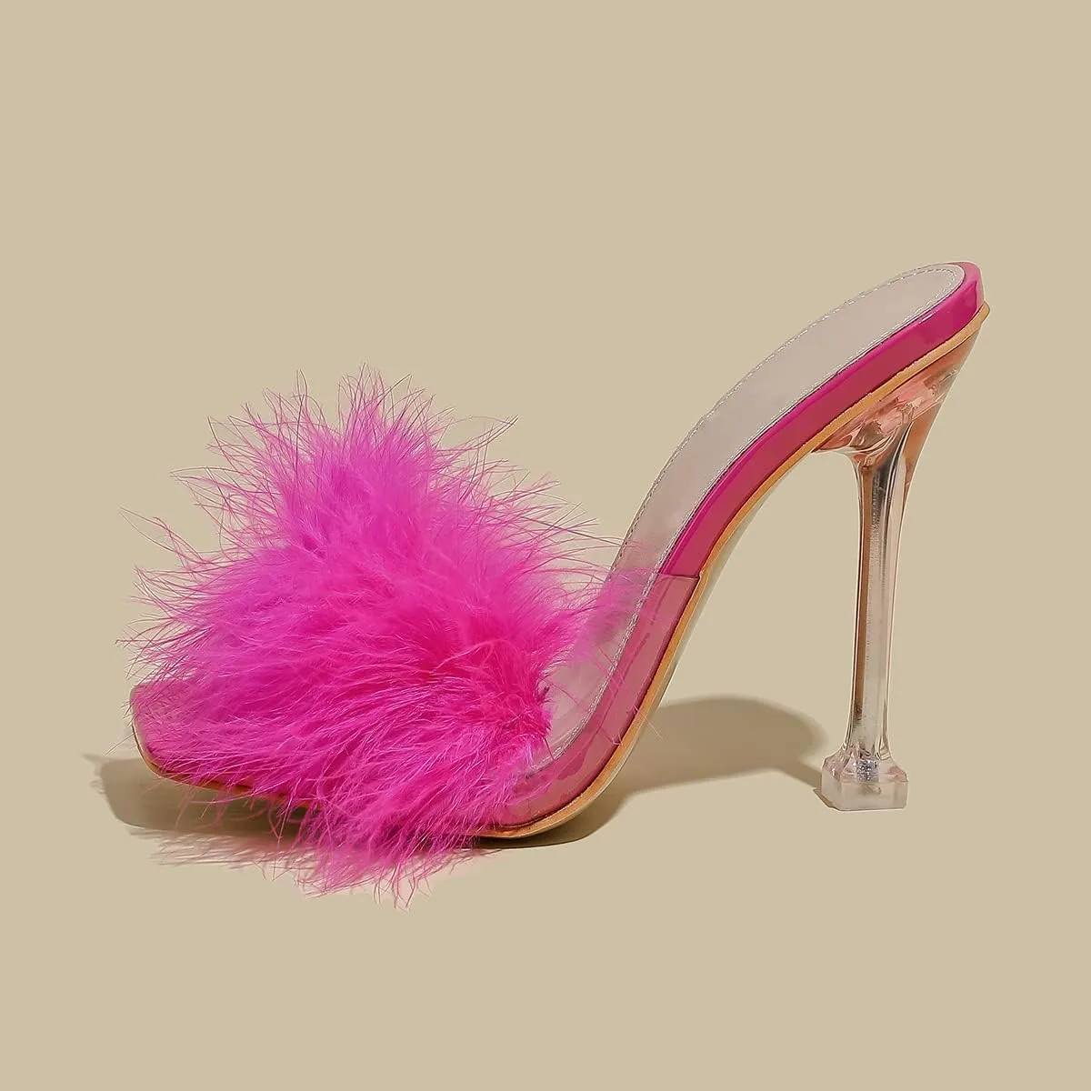 Women White Feather Clear PVC Slippers Square Toe Stilettos Slides Transparent Crystal High Heels Sandals Mules Party Shoes Glass Heels