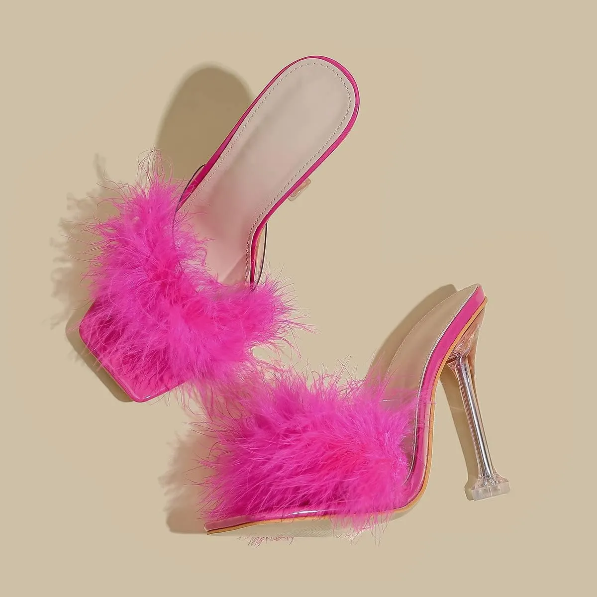 Women White Feather Clear PVC Slippers Square Toe Stilettos Slides Transparent Crystal High Heels Sandals Mules Party Shoes Glass Heels