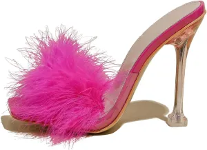 Women White Feather Clear PVC Slippers Square Toe Stilettos Slides Transparent Crystal High Heels Sandals Mules Party Shoes Glass Heels