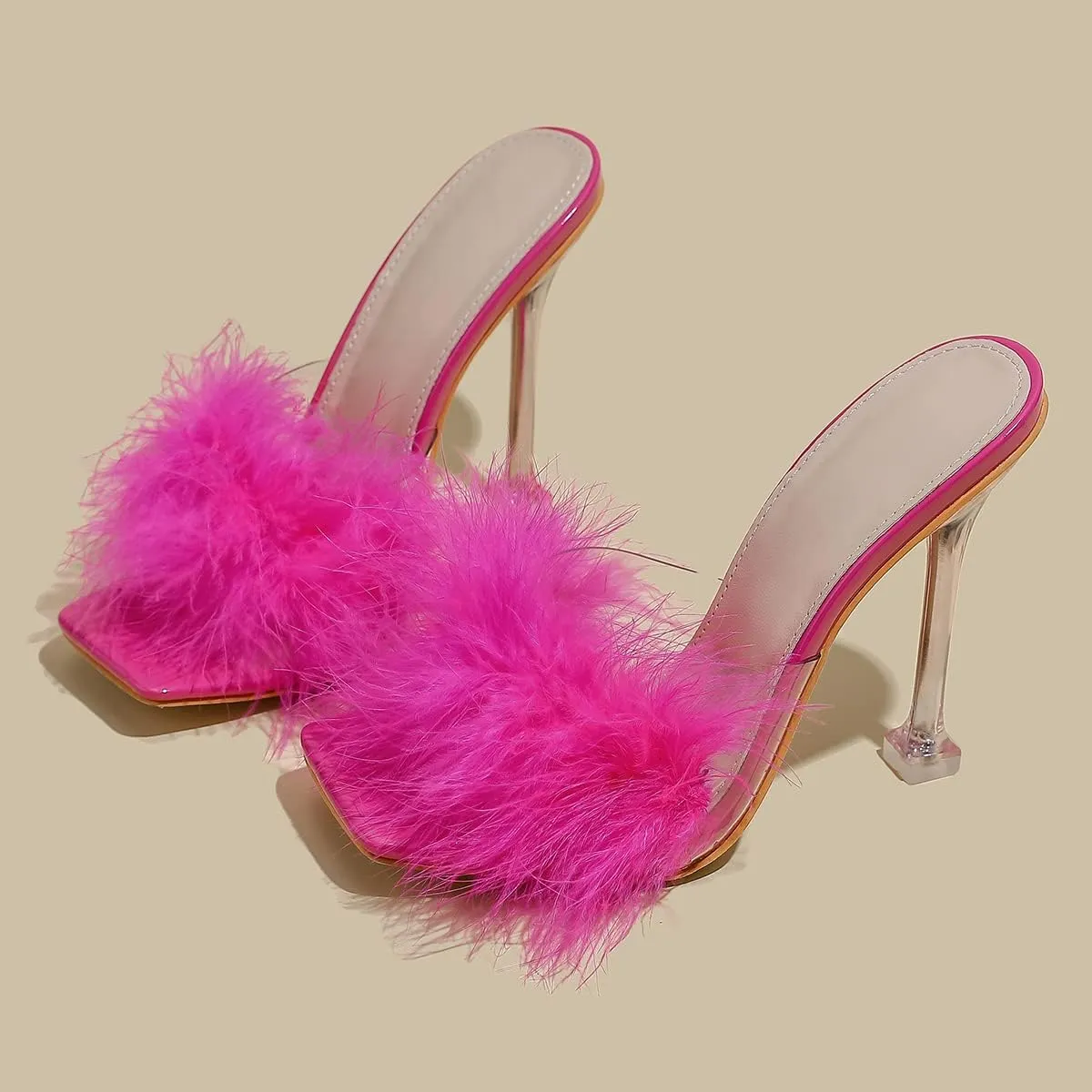 Women White Feather Clear PVC Slippers Square Toe Stilettos Slides Transparent Crystal High Heels Sandals Mules Party Shoes Glass Heels