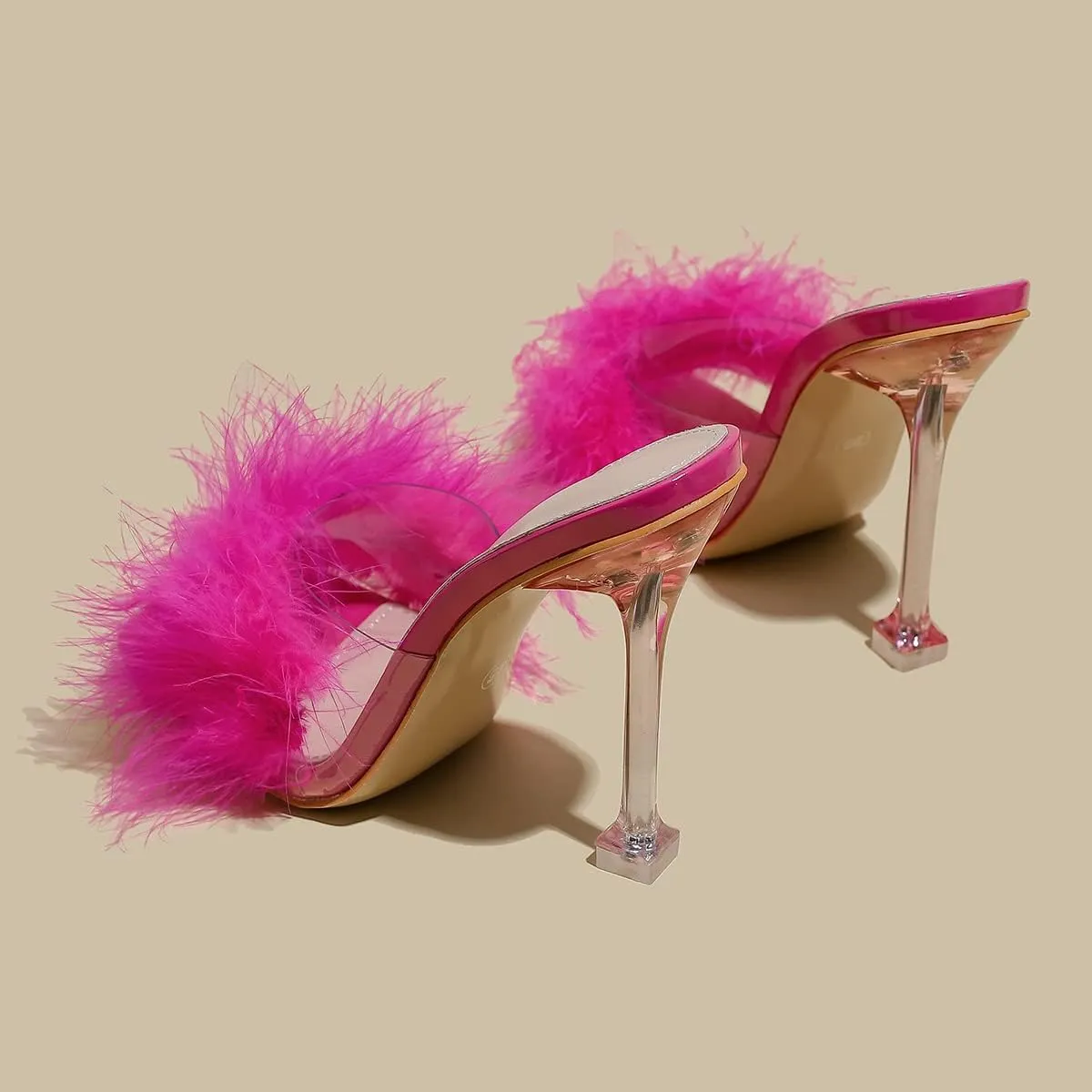Women White Feather Clear PVC Slippers Square Toe Stilettos Slides Transparent Crystal High Heels Sandals Mules Party Shoes Glass Heels