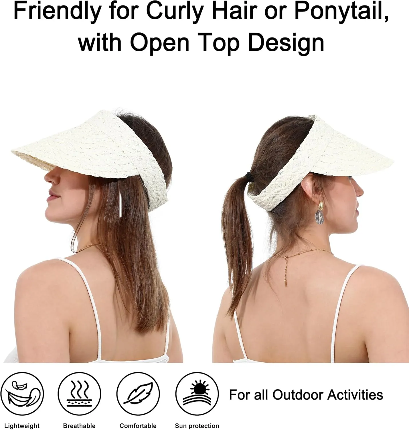 Women Wide Brim Straw Visor Sun Hat UV Protection Packable Beach Cap for Summer UPF 50 