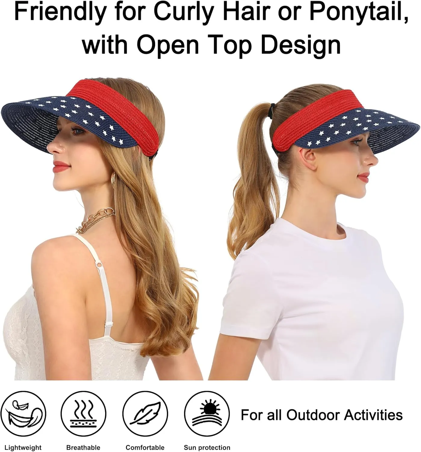 Women Wide Brim Straw Visor Sun Hat UV Protection Packable Beach Cap for Summer UPF 50 