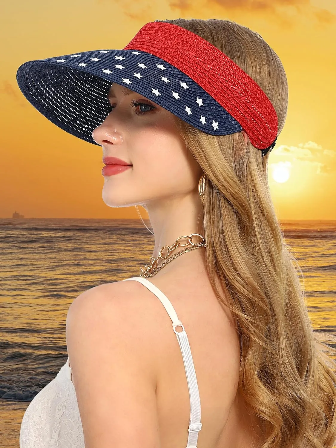 Women Wide Brim Straw Visor Sun Hat UV Protection Packable Beach Cap for Summer UPF 50 