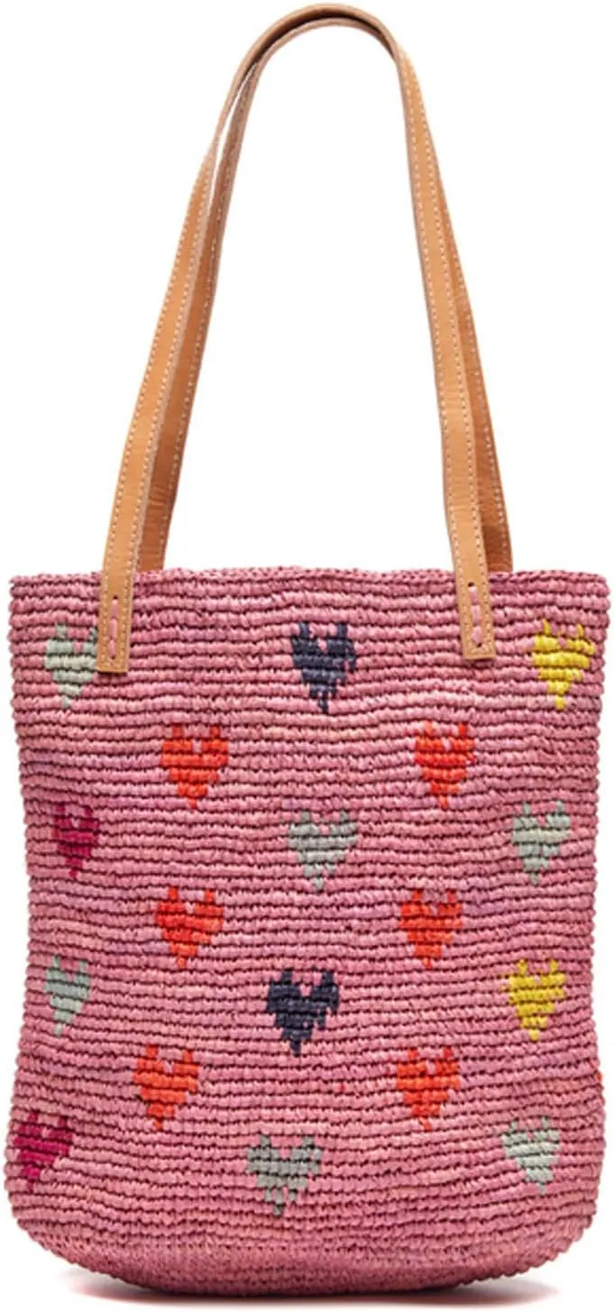 Women's Amelie II Hearts Crocheted Raffia Straw Mini Tote Bag
