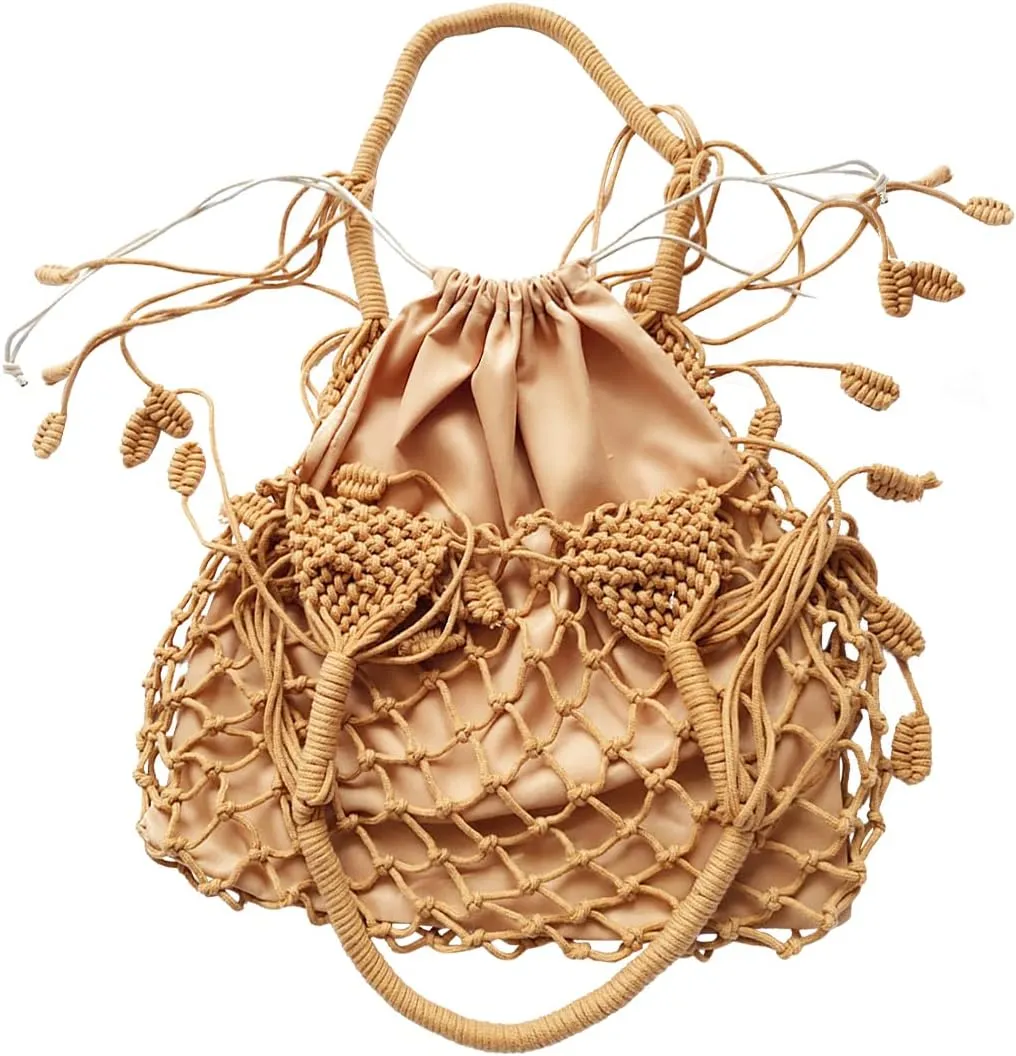 Women's Beach Straw Handbag Woven Tote Fishing Net Beach Bag Large Capacity Mesh Rope Combination Handbag