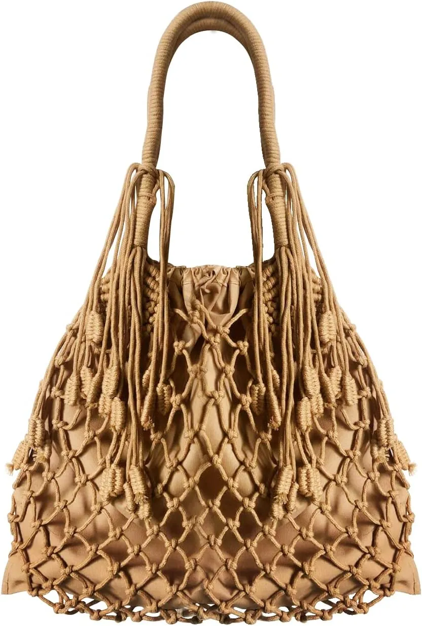 Women's Beach Straw Handbag Woven Tote Fishing Net Beach Bag Large Capacity Mesh Rope Combination Handbag